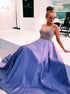 V Neck Lavender Sleeveless Satin Prom Dresses with Beadings LBQ1352