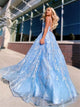 V Neck Blue Tulle Lace Sleeveless Ball Gown Prom Dresses