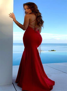 Red Mermaid Backless Slit Lace Up Prom Dresses