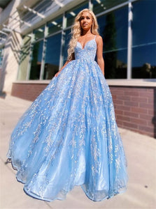 V Neck Blue Tulle Lace Sleeveless Prom Dresses