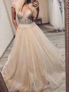 A Line V Neck Off the Shoulder Tulle Prom Dresses