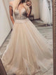 A Line V Neck Off the Shoulder Tulle Appliques Prom Dresses