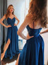 A Line Lace Blue Satin Prom Dresses with Leg Slit LBQ0757