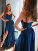 A Line Backless Lace Blue Satin Prom Dresses with Leg Slit 