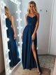 A Line Backless Lace Blue Satin Navy Blue Prom Dresses with Leg Slit 