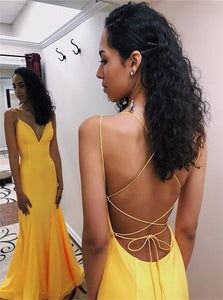 Lace Up Yellow Mermaid Long Satin Prom Dresses 