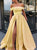 A Line Off the Shoulder Satin High Slit Yellow Prom Dresses