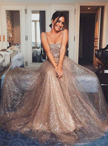 Sparkly Spaghetti Straps Sequined Prom Dresses