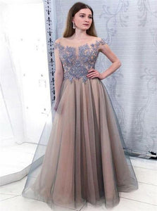 Off the Shoulder Floor Length Tulle Prom Dresses with Appliques