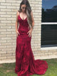 Spaghetti Burgundy Lace Mermaid Prom Dresses with Sweep Train