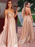 Champagne V Neck Sequins Spaghetti Straps Backless Prom Dresses LBQ0720