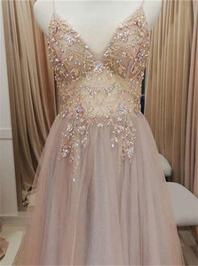 Illusion Tulle Spaghetti Straps A Line Appliques Prom Dresses