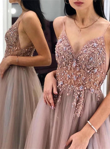 Illusion Tulle Spaghetti Straps A Line Prom Dresses