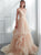 A Line V Neck Pink Sweep Train Prom Dresses With Pleats