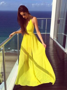 V Neck Sweep Train Prom Dresses with Pleats