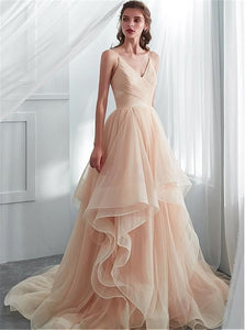 Spaghetti Straps A Line Tulle Prom Dresses With Ruffles