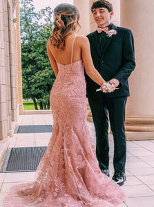 Spaghetti Straps Mermaid Lace Pink Prom Dresses with Sweep Train