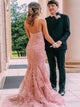 Spaghetti Straps Mermaid Lace Pink Prom Dresses with Sweep Train