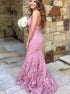 Spaghetti Straps Mermaid Lace Pink Prom Dresses LBQ0653