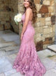 Spaghetti Straps Mermaid Lace Pink Prom Dresses
