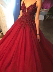 Ball Gown V Neck Sweep Train Red Prom Dresses