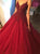 Ball Gown V Neck Sweep Train Red Prom Dresses