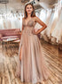 A Line Tulle V Neck Applqiues Prom Dresses With Slit LBQ0764