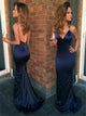 Mermaid Navy Blue V Neck Backless Prom Dresses 