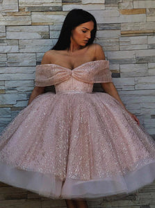 A Line Off the Shoulder Sequins Pink Prom Dresses