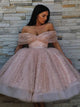 A Line Off the Shoulder Sequins Pink Prom Dresses