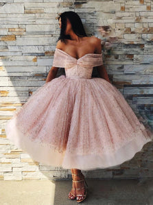 Princess Tea Length Off the Shoulder Sequins Prom Dresses