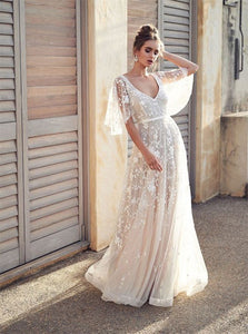 A Line Deep V Neck Lace Chiffon Half Sleeves Prom Dresses