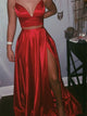 Two Pieces Red Satin Prom Dresses with Split