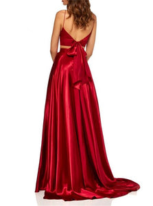 Two Pieces A Line Red Satin Lace Up Prom Dresses with Split