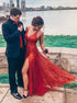 Glitter Red Long Spaghetti Straps V Neck Slit Prom Dresses LBQ0658