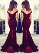 Burgundy Satin Mermaid Off the Shoulder Beadings Sweep Train Prom Dresses