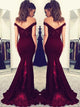 Burgundy Satin Mermaid Off the Shoulder Beadings Sweep Train Prom Dresses