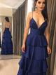 A Line V Neck Navy Blue Satin Prom Dresses