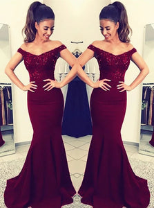 Burgundy Satin Mermaid Off the Shoulder Beadings Prom Dresses