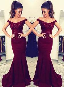 Burgundy Satin Mermaid Off the Shoulder Beadings Prom Dresses