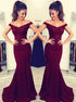 Burgundy Satin Mermaid Off the Shoulder Beadings Prom Dresses LBQ0661