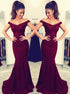 Burgundy Satin Mermaid Off the Shoulder Beadings Prom Dresses LBQ0661