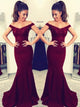 Burgundy Satin Mermaid Off the Shoulder Beadings Prom Dresses