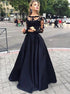 Black Ball Gown Long Sleeves Bateau Satin Appliques Prom Dresses LBQ0661