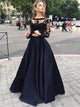 Black Ball Gown Long Sleeves Bateau Satin Appliques Prom Dresses 