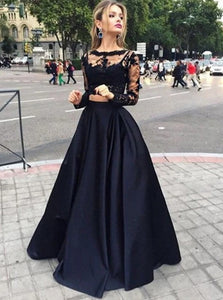 Black Ball Gown Long Sleeves Bateau Satin Appliques Floor Length Prom Dresses 