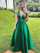 A Line Sweep Train Satin Prom Dresses with Pleats