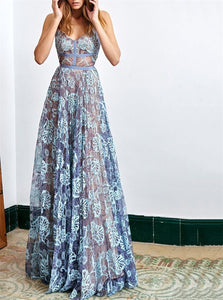 Elegant Blue Lace Spaghetti Straps Backless Prom Dresses