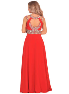 Scoop A Line Chiffon Open Back Prom Dresses With Beadings and Slit 