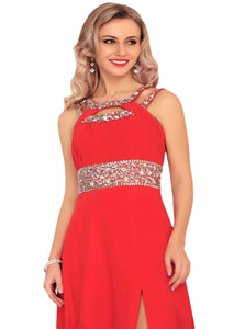 Scoop A Line Chiffon Floor Length Prom Dresses With Beadings and Slit 